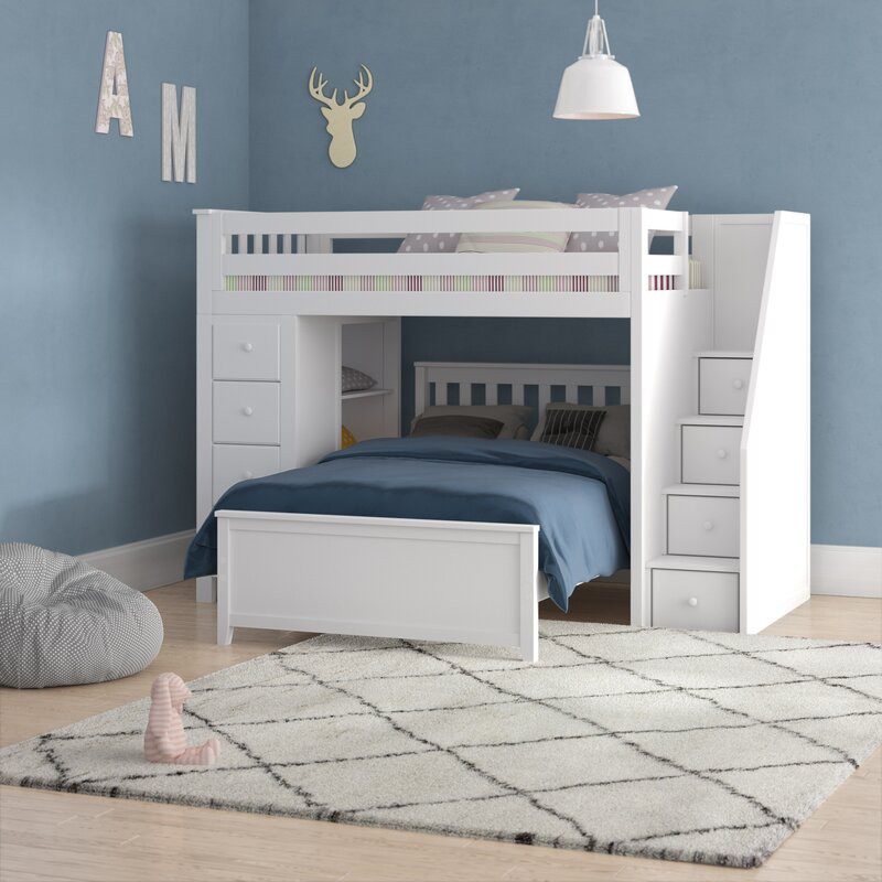 Solid Wood Oxford 1 Twin Loft Bunk Bed in White with Stairs and Storage