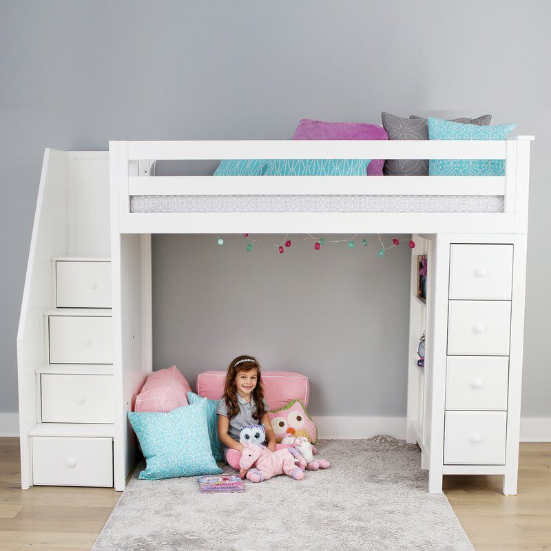 Solid Wood Oxford Twin Loft Bed In White With Stairs and Storage 