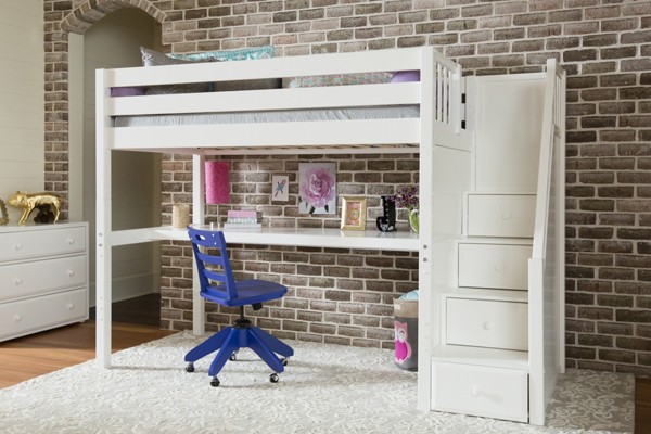 Solid Wood Star11 Twin High Loft Bed With Stairs and Long Desk