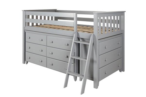 Solid Wood Windsor 1 Grey Twin Low Loft Bed with Dressers