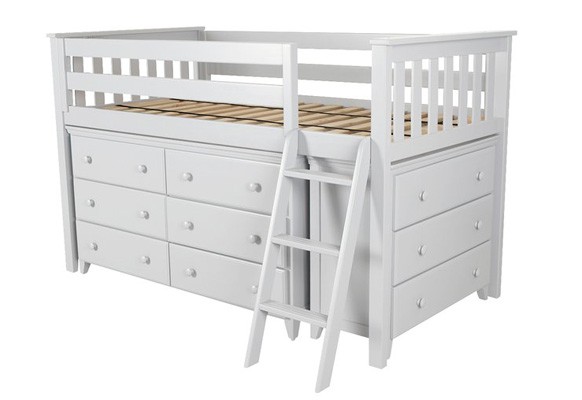 Solid Wood Windsor 1 Twin Low Loft Bed with Dressers In White