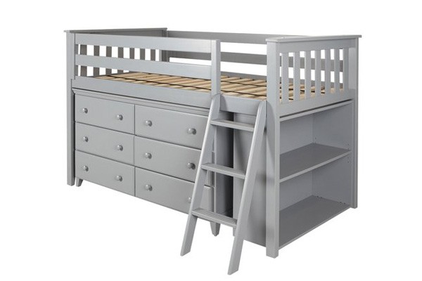 Solid Wood Windsor Grey Twin Low Loft Bed with Dresser and Bookcase