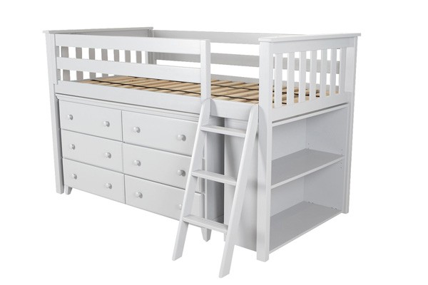 Solid Wood Windsor White Twin Low Loft Bed with Dresser and Bookcase 