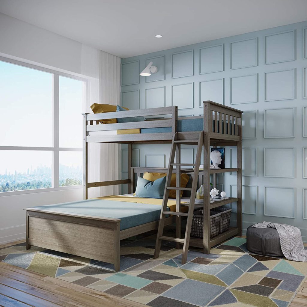 Twin Over Full L Shape Bunk Bed In Clay With Bookcase 