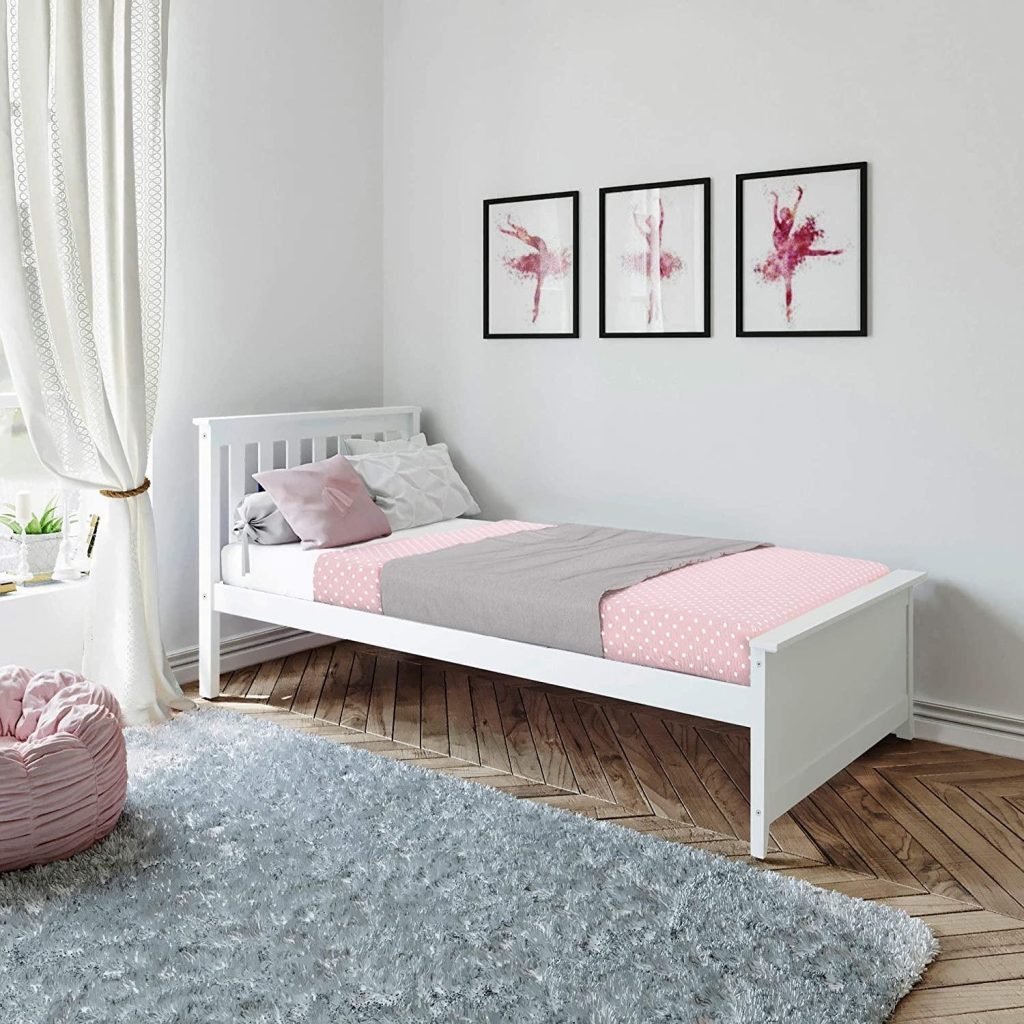White Twin Platform Bed with Slatted Headboard