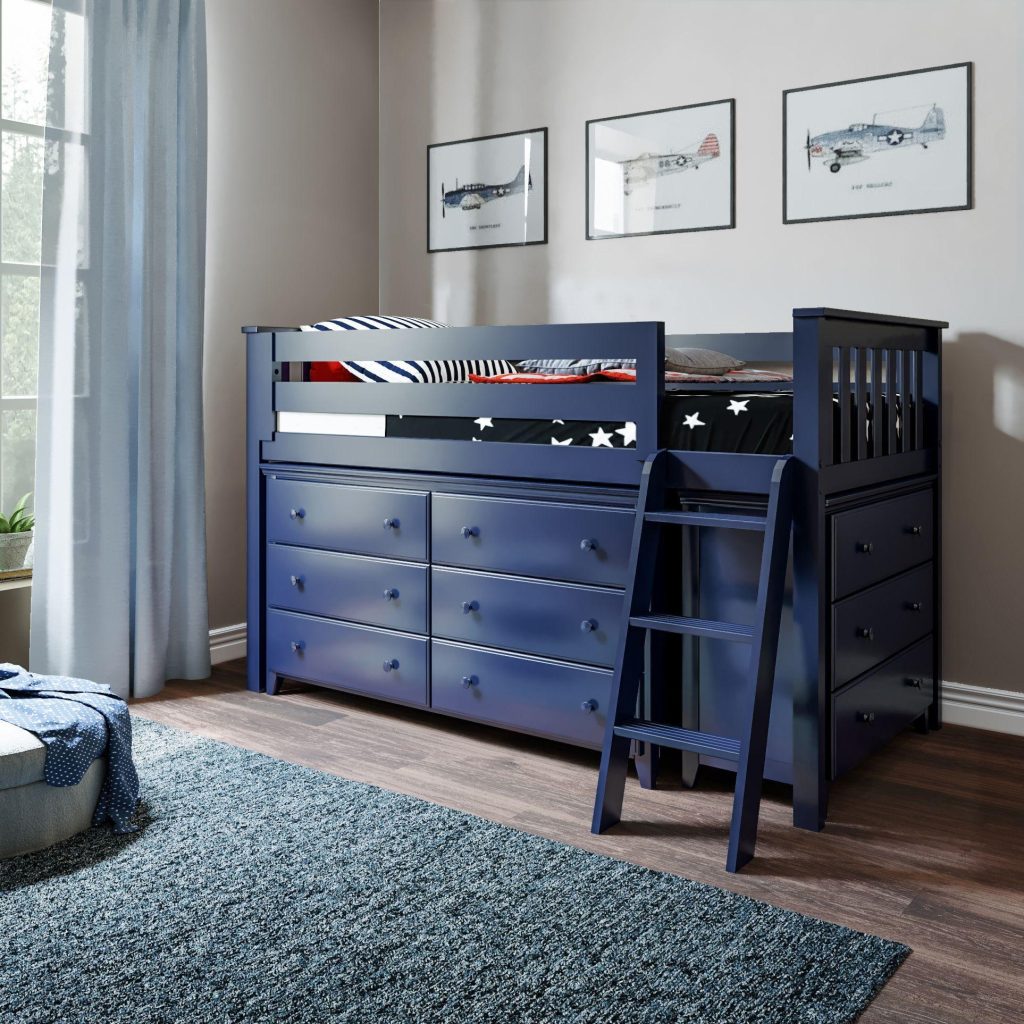 Windsor 1 Twin Low Loft Bed In Blue With 3 Drawer Dresser