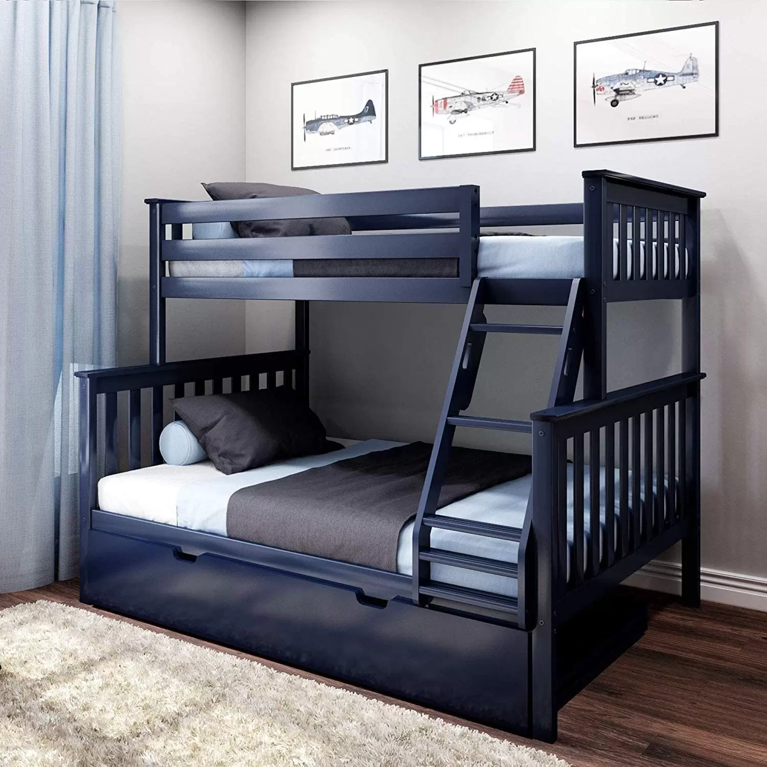 MAX & LILY SOLID WOOD TWIN OVER FULL BUNK BED IN BLUE WITH TRUNDLE BED