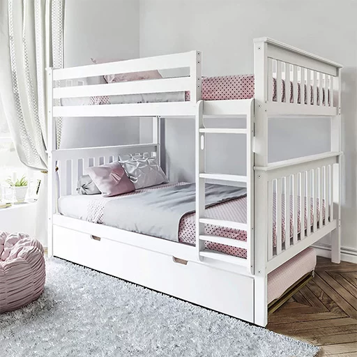 MAX & LILY SOLID WOOD FULL OVER FULL BUNK BED IN WHITE WITH TRUNDLE BED
