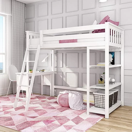 MAX & LILY SOLID WOOD TWIN SIZE HIGH LOFT BED WITH BOOKCASE + DESK IN WHITE FINISH