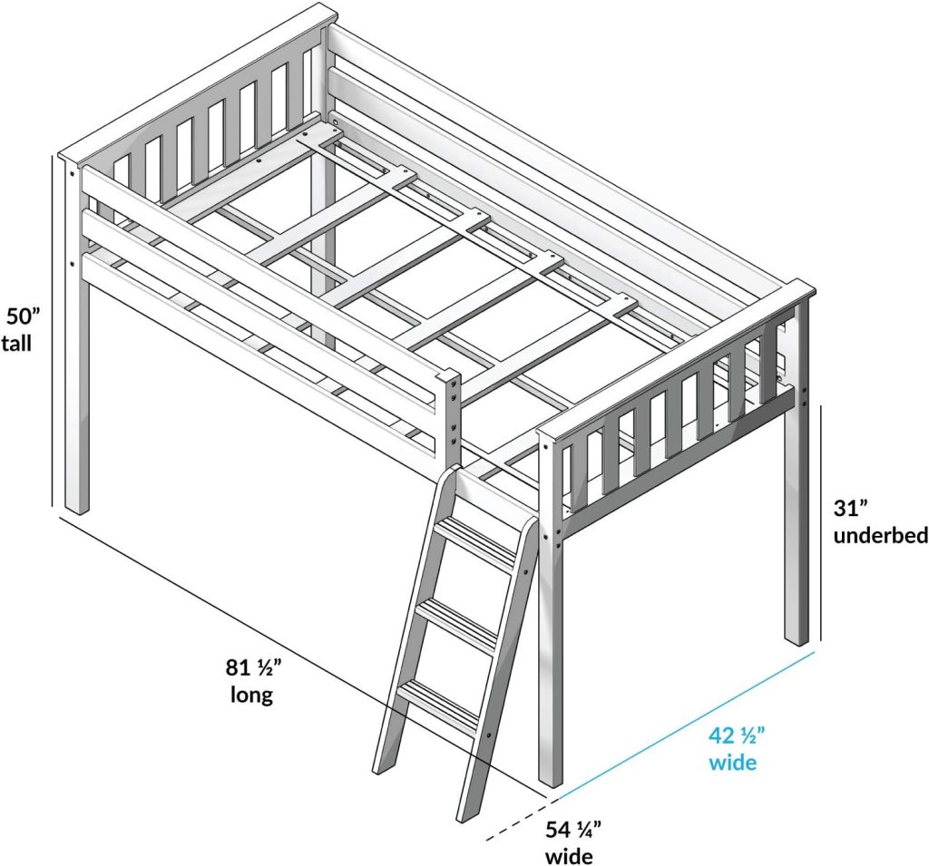 Max and Lily Twin Low Loft Bed With Ladder In White Finish And Blue Curtains - Image 5