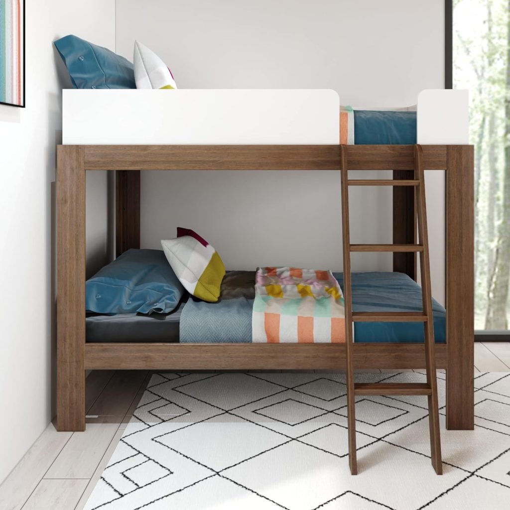 Mid-Century Modern Twin Over Twin Bunk Bed In Pecan-White - Image 2