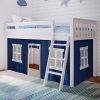 Low Loft Bed With Ladder In White Finish And Blue Curtain