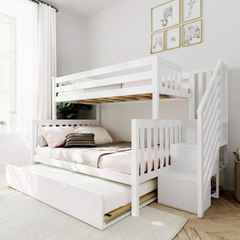 Twin Over Full Bunk Bed with Stairs and Trundle in White