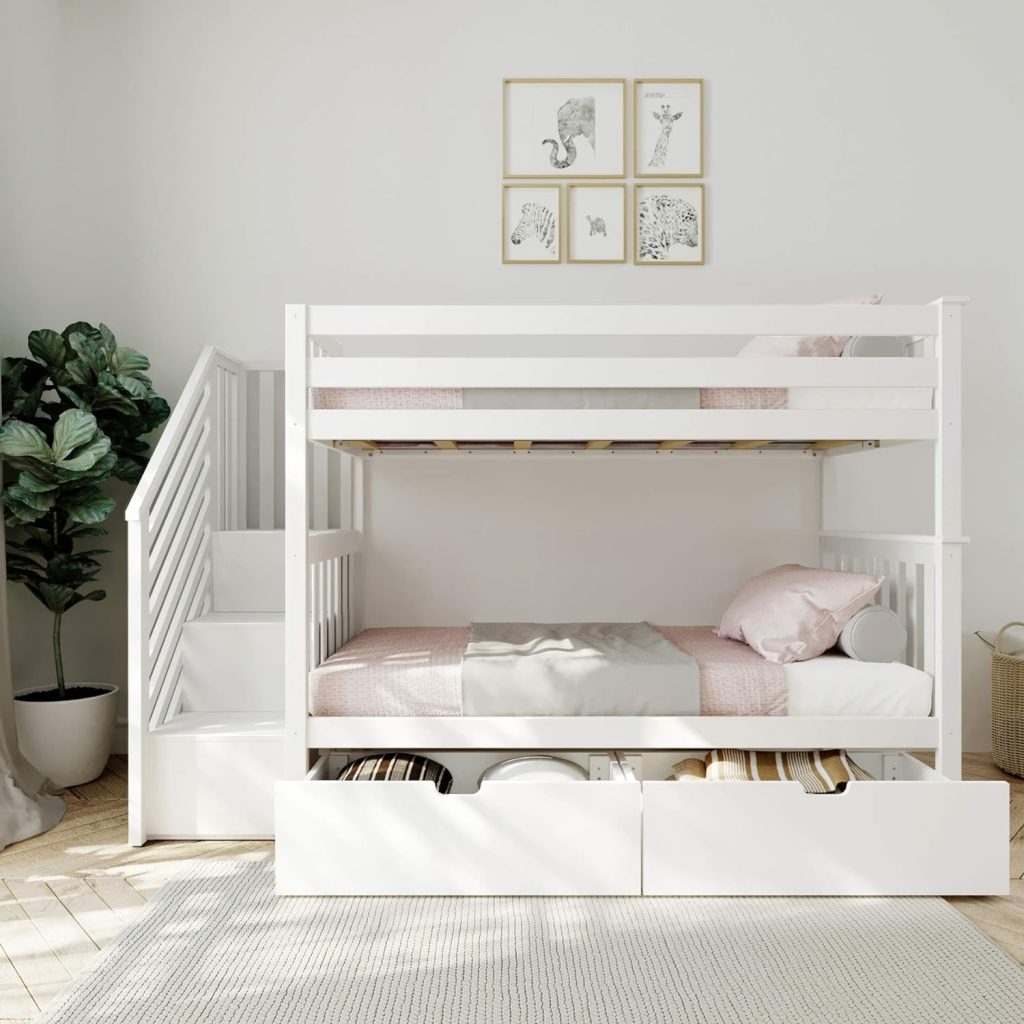 Max and Lily Twin Over Twin Bunk Bed with Stairs and Storage in White - Image 2