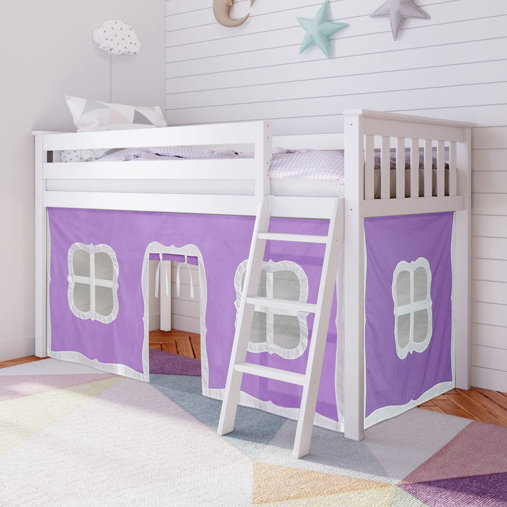 Low Loft Bed With Ladder In White Finish And Purple Curtain