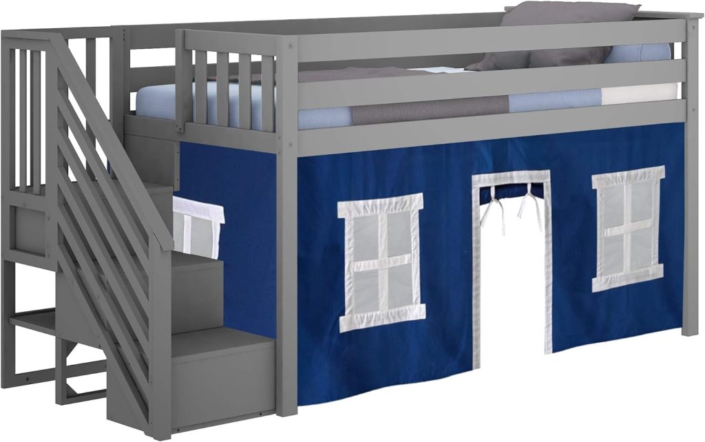 Max and Lily Solid Wood Low Loft Bed With Staircase In Grey Finish and Blue Curtain - Image 5