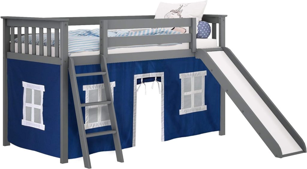 Max and Lily Twin-Size Low Loft Bed With Slide In Grey Finish And Blue Curtain - Image 6