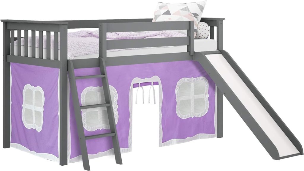 Max and Lily Twin-Size Low Loft Bed with Slide In Grey Finish And Purple Curtain - Image 3
