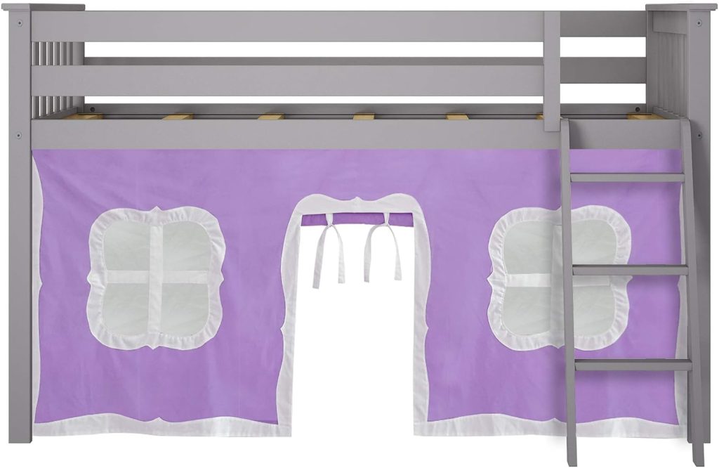 Max and Lily Twin Low Loft Bed With Ladder In Grey Finish And Purple Curtain - Image 7