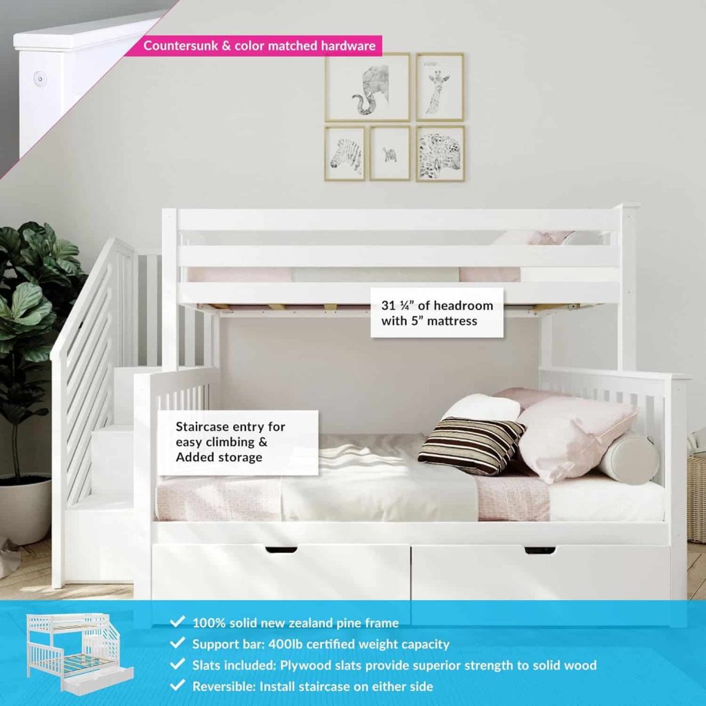 Max and Lily Twin Over Full Bunk Bed with Stairs and Storage in White - Image 4