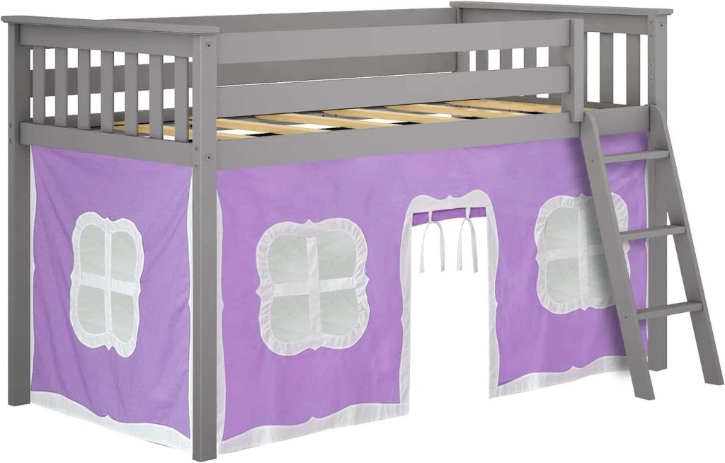 Max and Lily Twin Low Loft Bed With Ladder In Grey Finish And Purple Curtain - Image 5