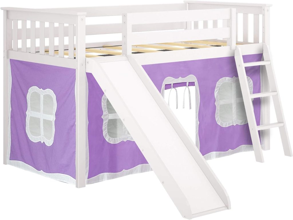 Max and Lily Twin-Size Low Loft Bed With Slide In White Finish And Purple Curtain - Image 3