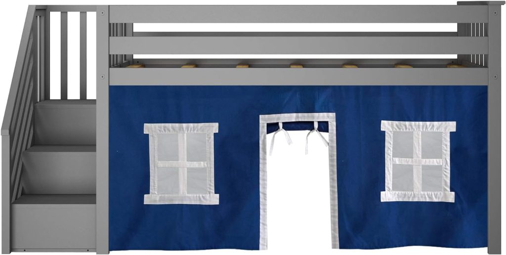 Max and Lily Solid Wood Low Loft Bed With Staircase In Grey Finish and Blue Curtain - Image 9