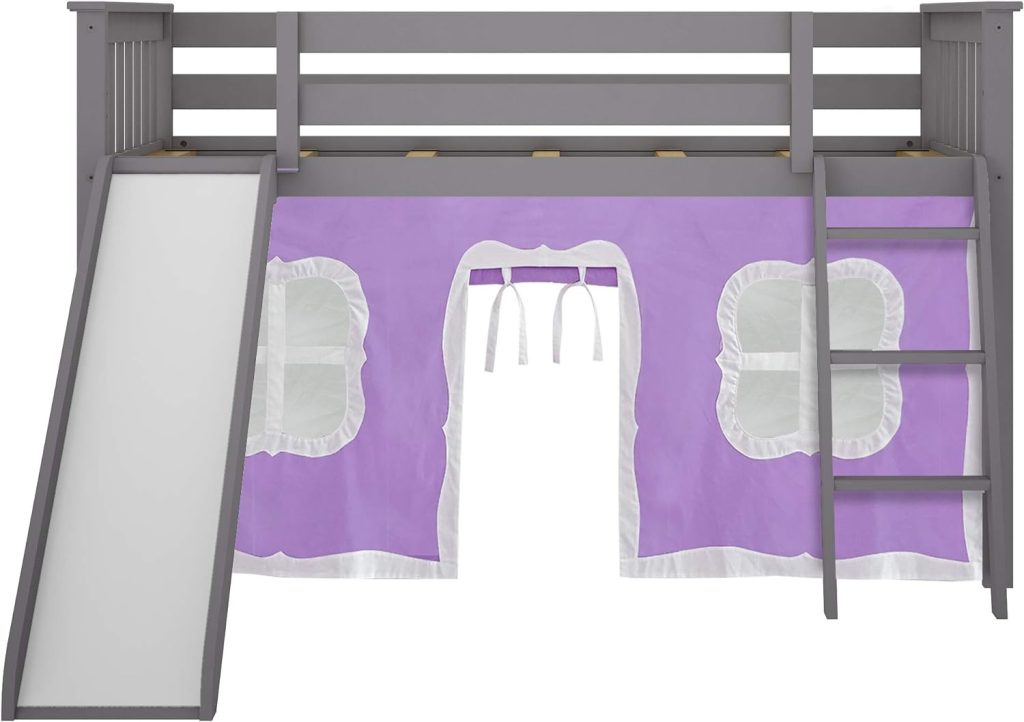 Max and Lily Twin-Size Low Loft Bed with Slide In Grey Finish And Purple Curtain - Image 6