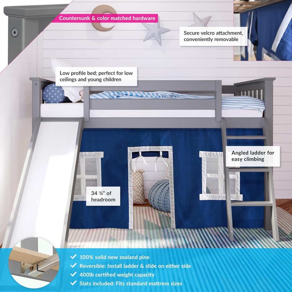 Max and Lily Twin-Size Low Loft Bed With Slide In Grey Finish And Blue Curtain - Image 3