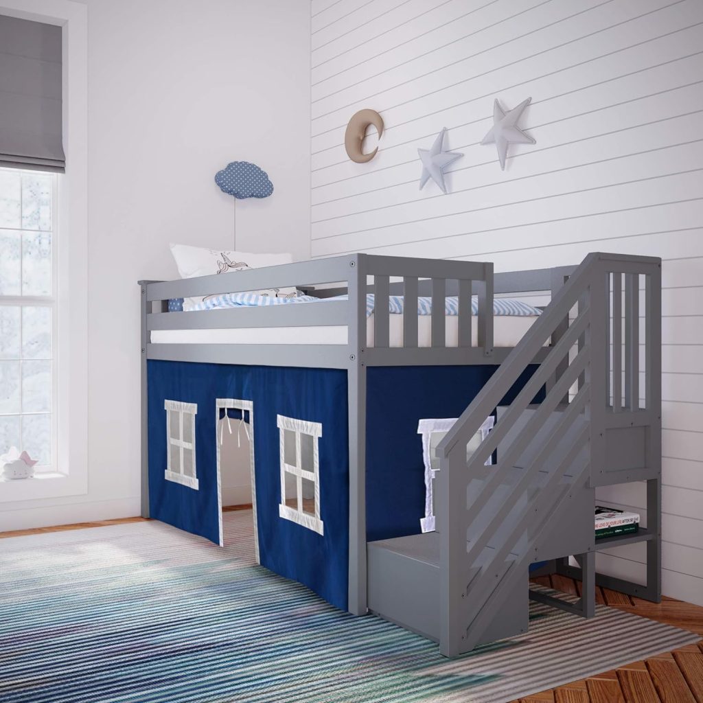 Solid Wood Low Loft Bed With Staircase In Grey Finish