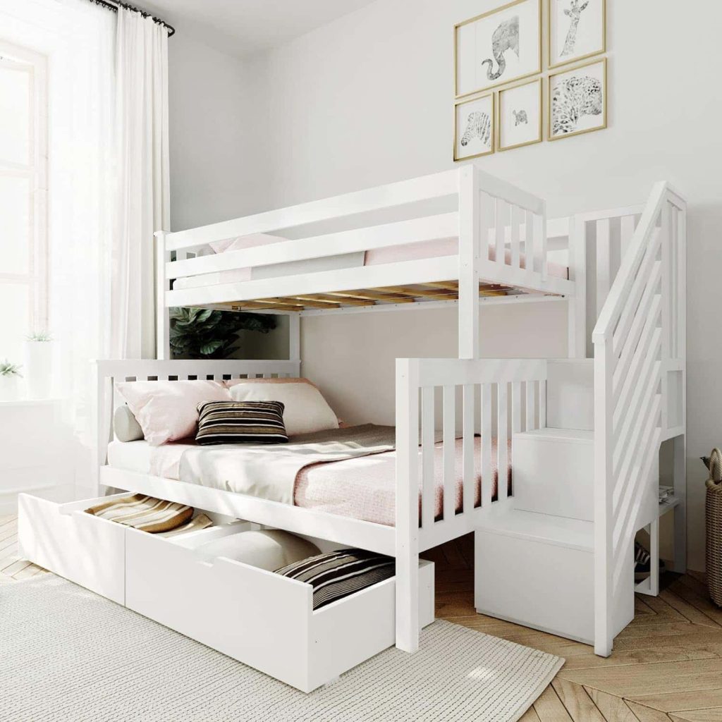 Twin Over Full Bunk Bed with Stairs and Storage in White