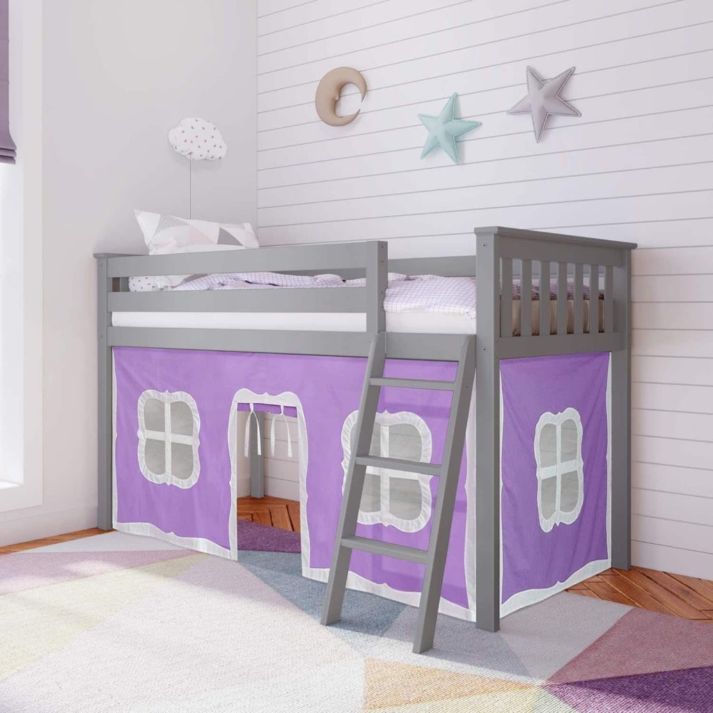 Low Loft Bed With Ladder In Grey Finish And Purple Curtain