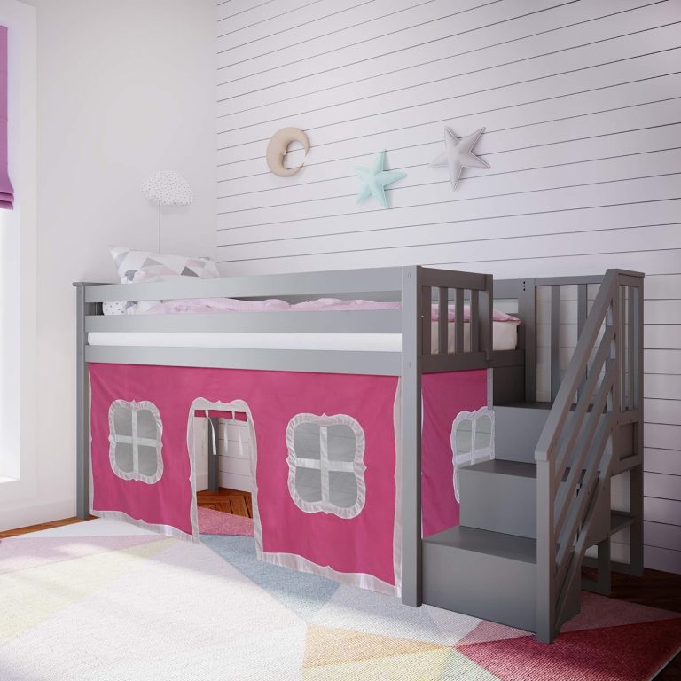 Low Loft Bed With Staircase In Grey Finish and Pink Curtain