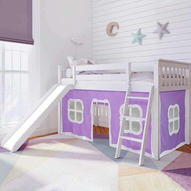 Low Loft Bed With Slide In White Finish And Purple Curtain