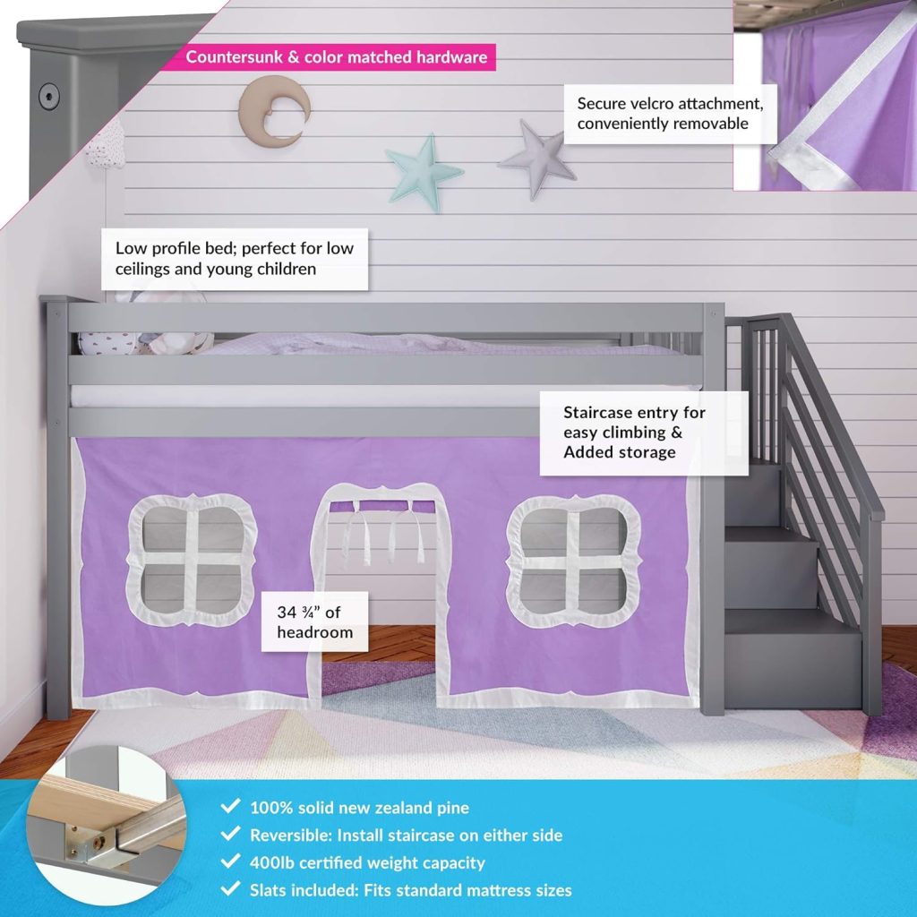 Max and Lily Solid Wood Low Loft Bed With Staircase In Grey Finish and Purple Curtain - Image 6