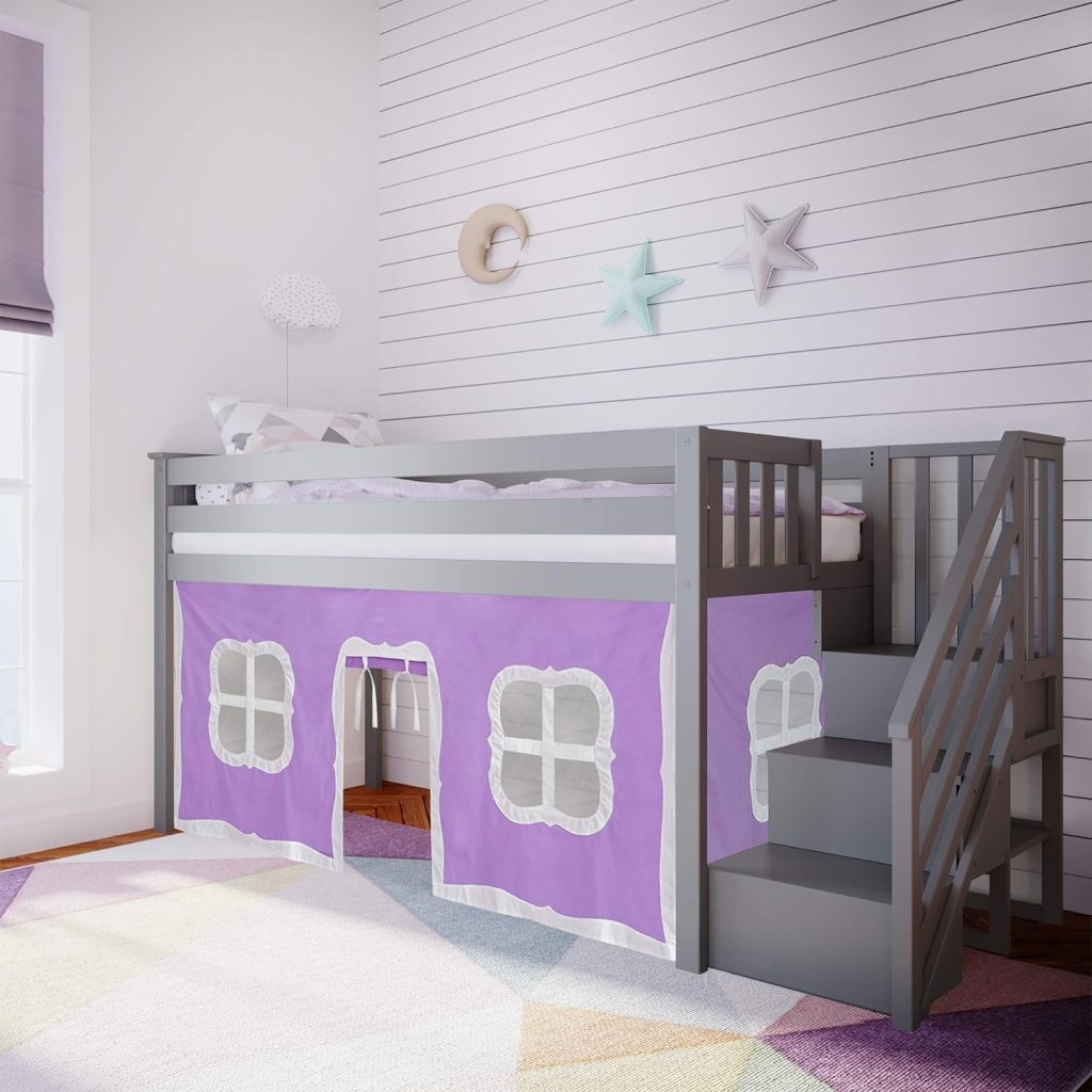 Low Loft Bed With Staircase In Grey Finish and Purple Curtain