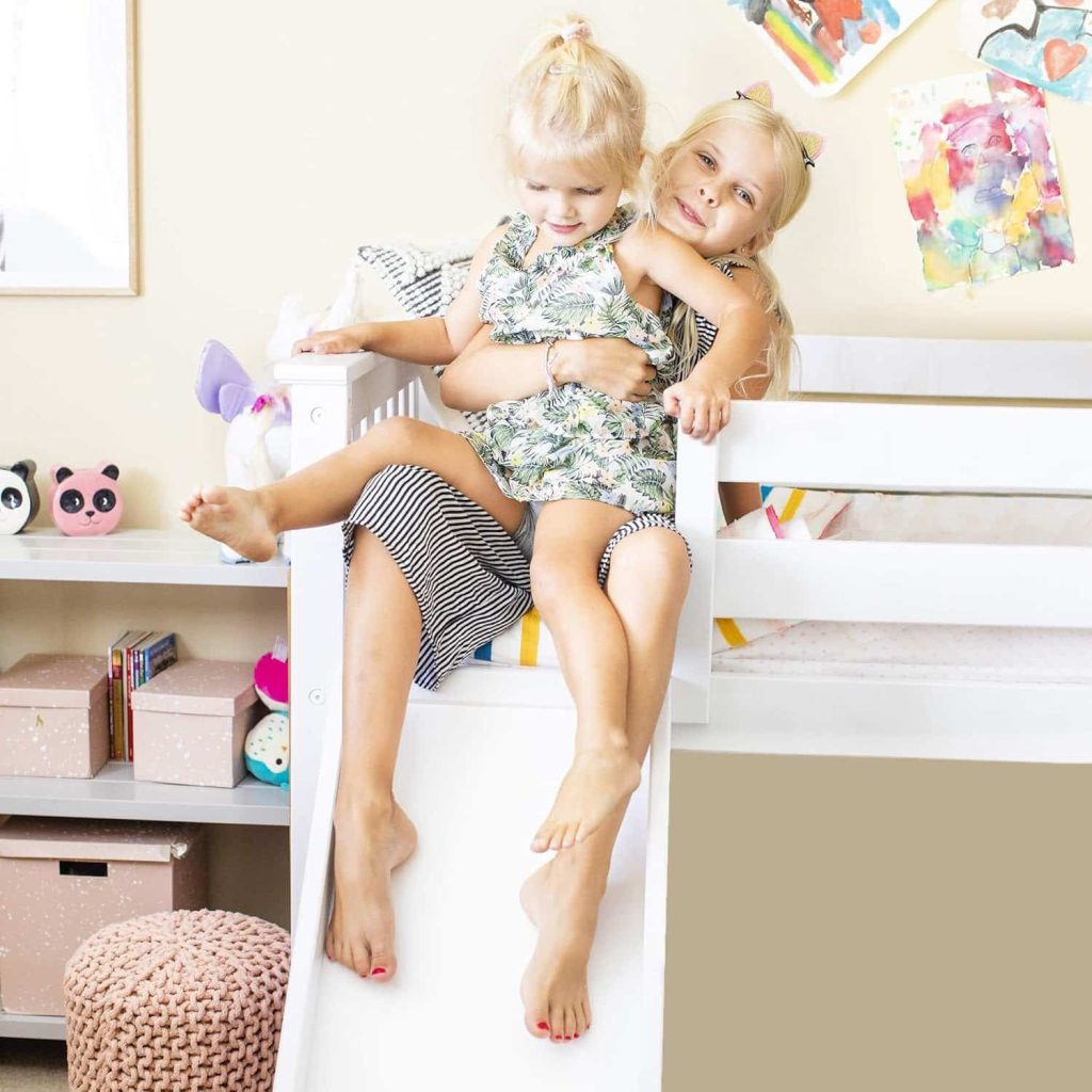 Max and Lily Twin-Size Low Loft Bed With Slide In White Finish And Purple Curtain - Image 6