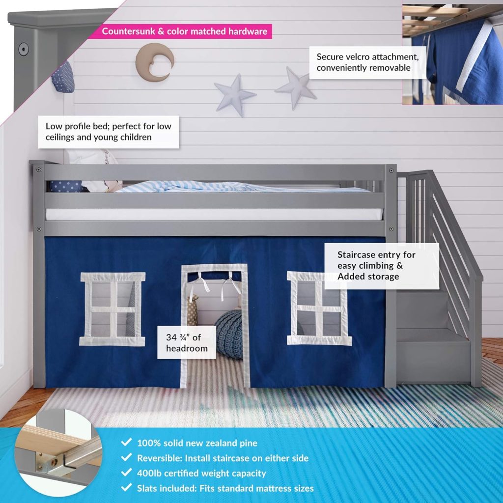 Max and Lily Solid Wood Low Loft Bed With Staircase In Grey Finish and Blue Curtain - Image 3