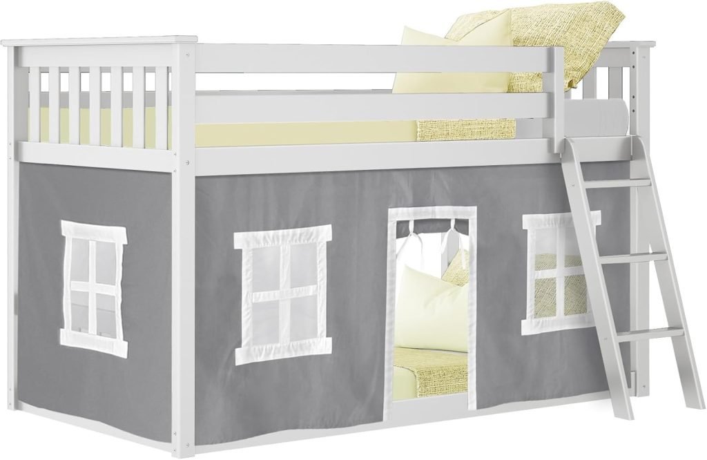 Max and Lily Twin Over Twin Low Bunk Bed In White Finish and Grey Curtain - Image 3