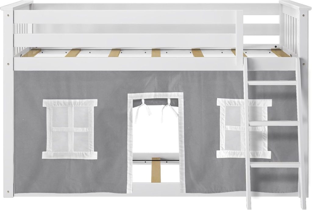 Max and Lily Twin Over Twin Low Bunk Bed In White Finish and Grey Curtain - Image 4
