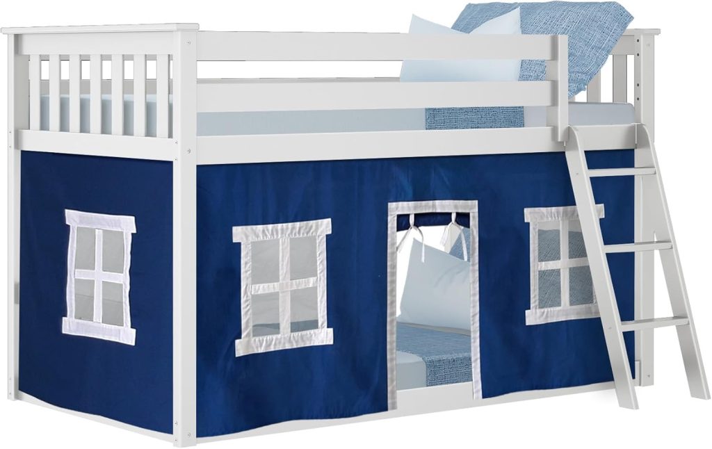 Max and Lily Twin Over Twin Low Bunk Bed In White Finish and Blue Curtain - Image 4