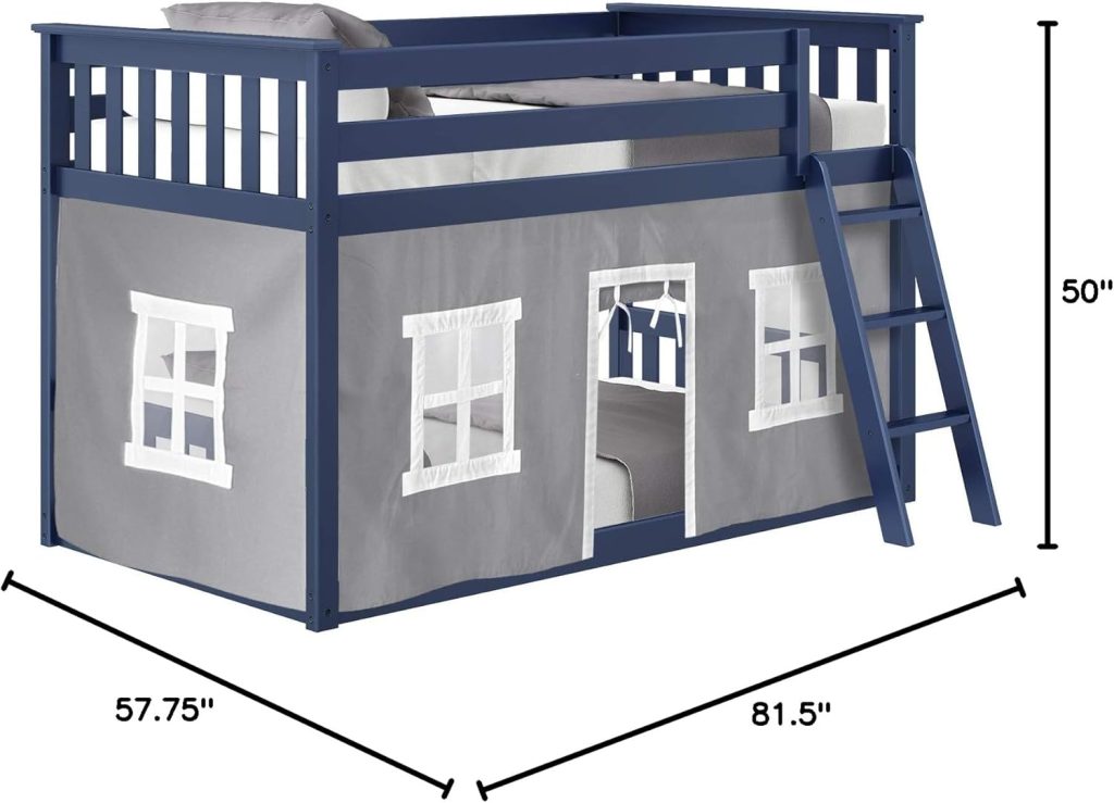 Max and Lily Twin Over Twin Low Bunk Bed In White Finish and Grey Curtain - Image 9