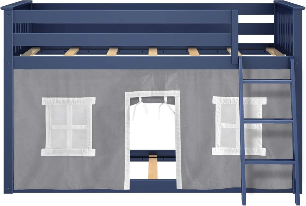 Max and Lily Twin Over Twin Low Bunk Bed In Blue Finish With Grey Curtain - Image 7