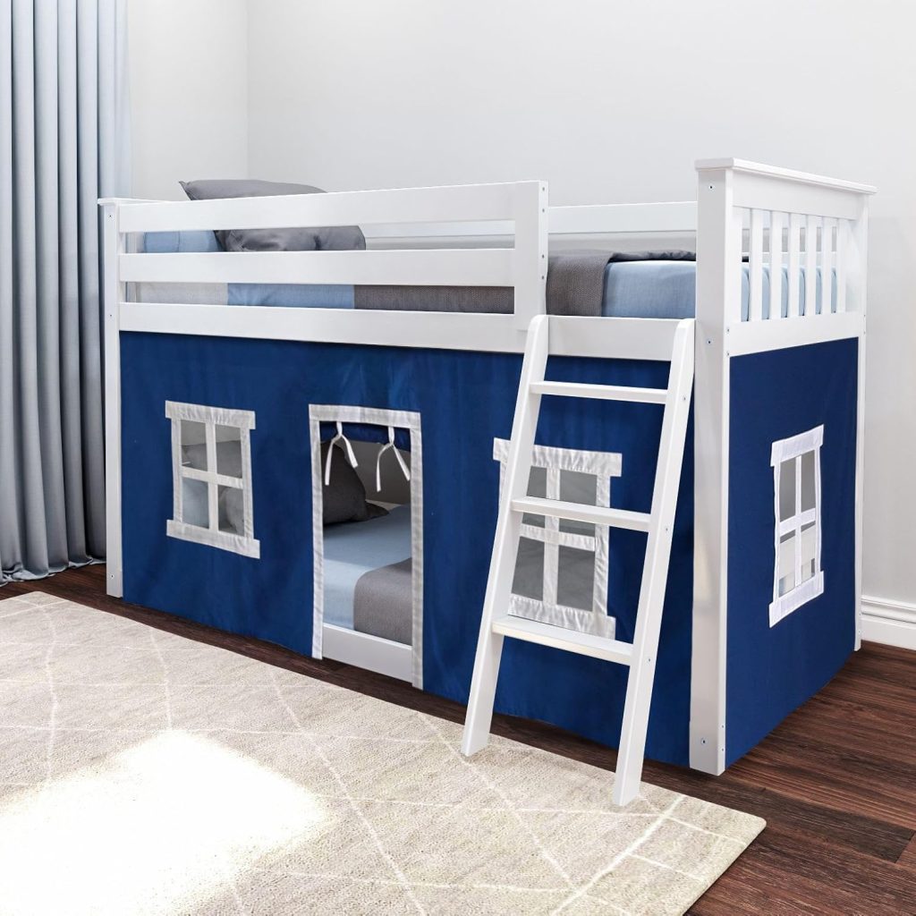 Twin Over Twin Low Bunk Bed In White Finish and Blue Curtain