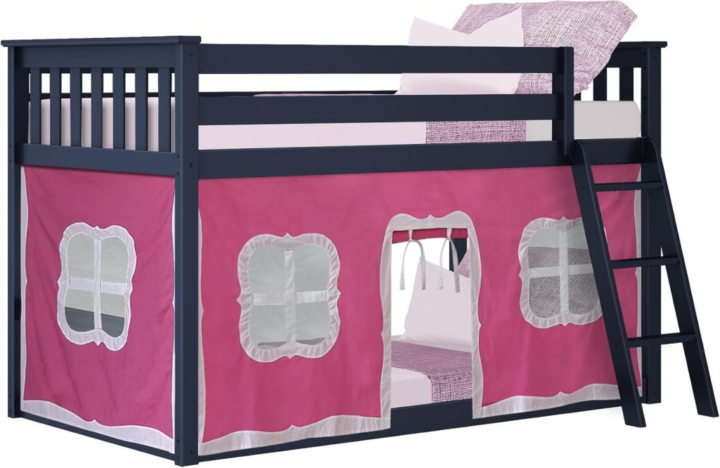 Max And Lily Twin Over Twin Low Bunk Bed With Curtain