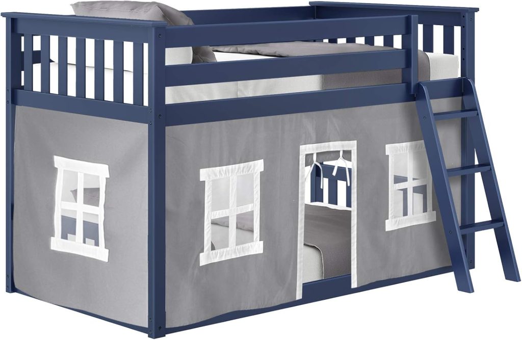 Max and Lily Twin Over Twin Low Bunk Bed In Blue Finish With Grey Curtain - Image 2