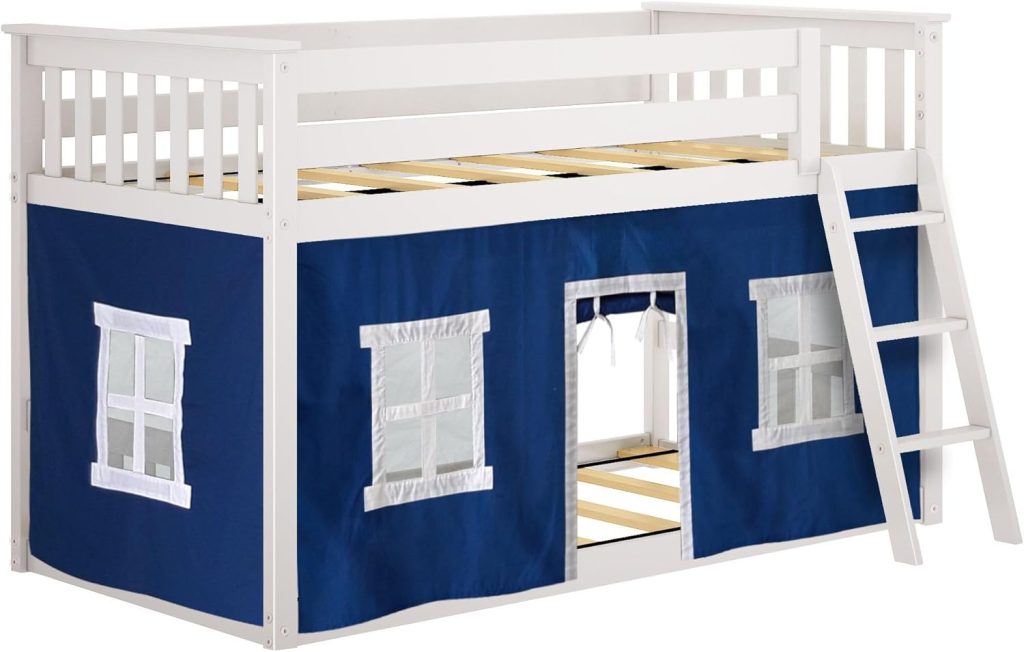 Max and Lily Twin Over Twin Low Bunk Bed In White Finish and Blue Curtain - Image 7