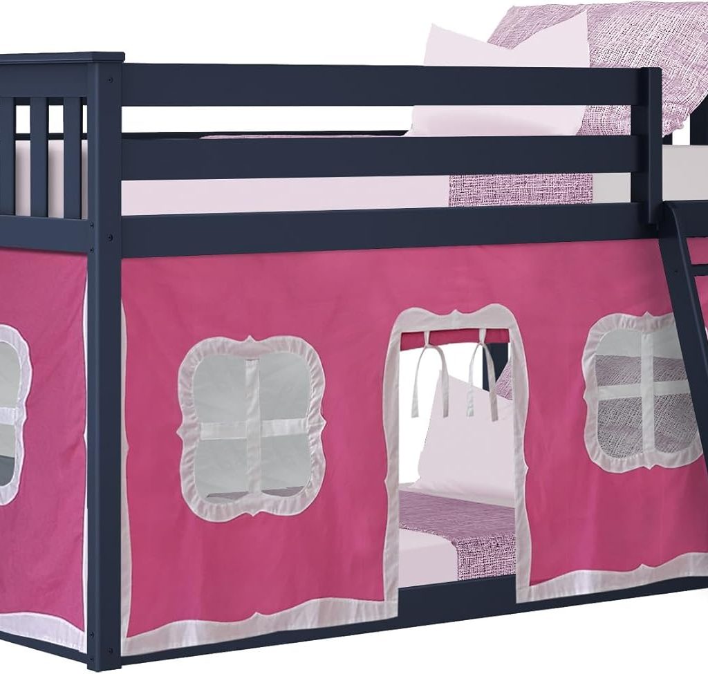 Twin Over Twin Low Bunk Bed In Blue Finish and Pink Curtain