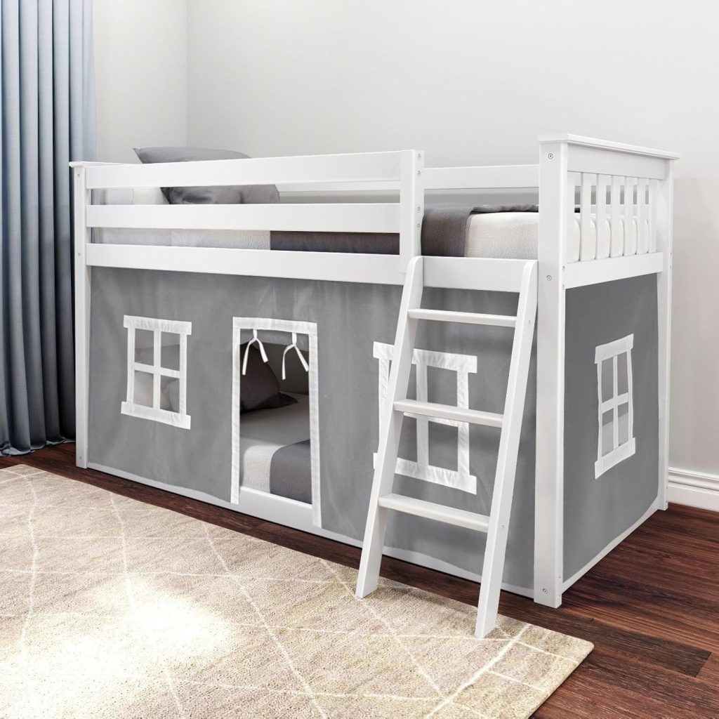 Twin Over Twin Low Bunk Bed In White Finish and Grey Curtain