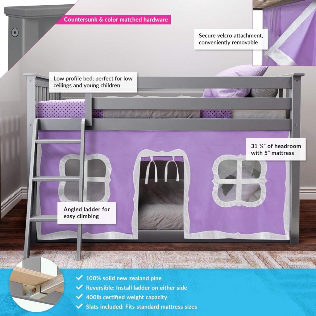Max and Lily Twin Over Twin Low Bunk Bed In Grey With Curtain - Image 9